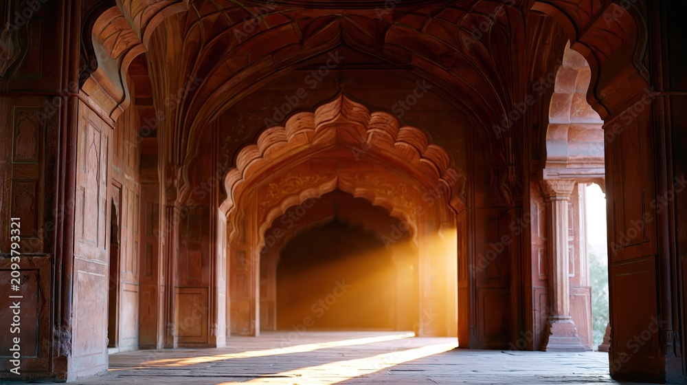 Fototapeta premium Long Corridor With Arches Leading to Light in Historic Palace Setting
