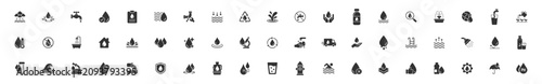 Water icon set with outline symbols for droplet, faucet, bottle, shower, plumbing, hydration, rain, wave, filter and utility on transparent background