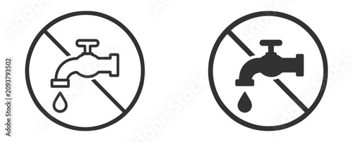 Outline no water faucet icons collection featuring prohibited tap, water restriction, supply outage, plumbing and utility symbols on transparent background