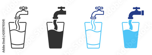Картината върху платно Tap water icon set with faucet, drinking water glass, hydration, household plumb