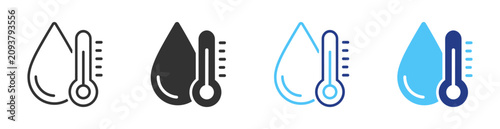 Water temperature icon set with water droplet, thermometer, thermal measurement, climate monitoring and temperature control symbols on transparent background