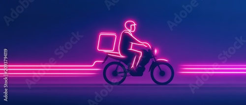 Neon outline of a delivery person riding a motorcycle against a dark background with bright pink and purple horizontal light streaks.