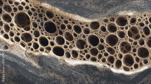 Macro view of a porous organic structure with deep cavities surrounded by dark textured edges