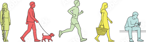 Set of colorful human silhouette illustrations showing various daily activities and lifestyle movements with silhouettes lifestyle activities standing
