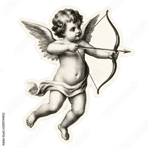 Vintage cherub with bow and arrow in classical engraving style.