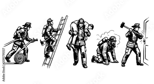 Schilderij op canvas firefighter vector, fireman action pose, black and white rescue illustration, em