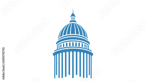 Blue graphic illustration of a domed building with columns, resembling the United States Capitol Building, on a white background.