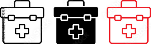 First aid kit icons. Medical box symbols. Healthcare emergency design.