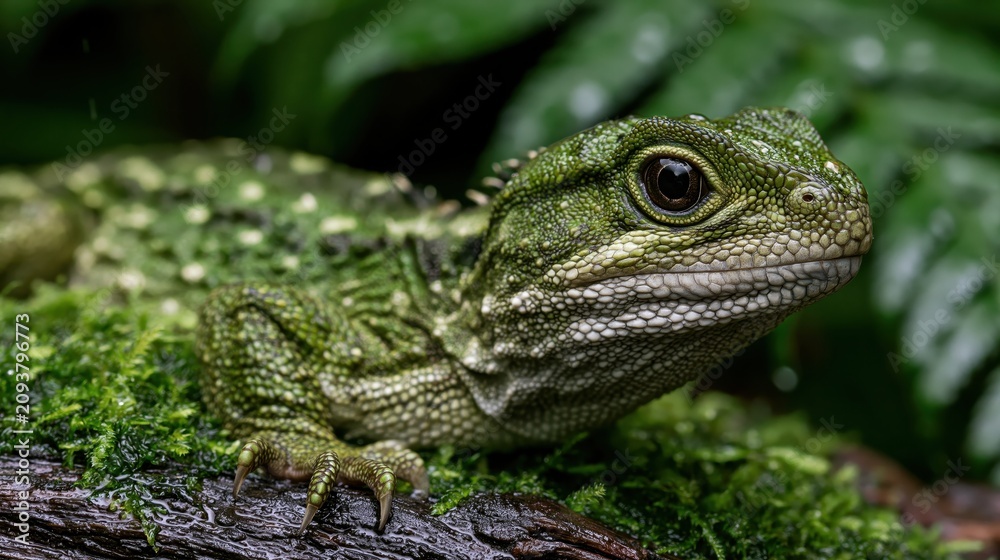 Fototapeta premium New Zealand Tuatara Resting on a Mossy Log in a Forest Environment