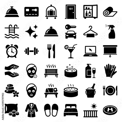 фотографія Hotel services and hospitality amenity icon set with hospitality, vacation