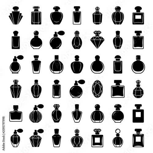 Set of various perfume bottle icons collection with fragrance, cosmetic