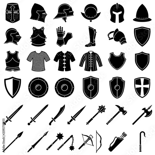 Medieval armor and weaponry icon collection with medieval chainmail crossbow