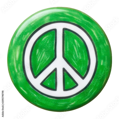 Green peace symbol button with circular design.