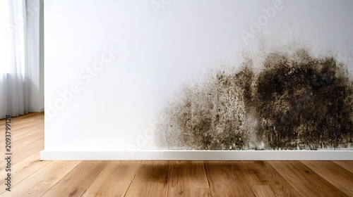Black mold growing on white wall from moisture damage