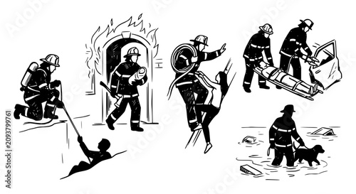 Tableau sur toile firefighter rescue vector, fireman action scene, black white emergency illustrat