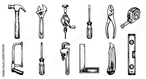 power tools vector, drill hammer saw, black white tool icons, adjustable wrench pliers, tape measure utility knife, workshop equipment illustration, construction tools collection, handyman tool pack, 