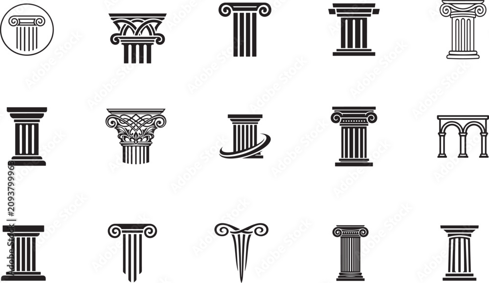Obraz premium Luxury pillar vector icon set for law, finance, attorney, business branding and elegant logo design.