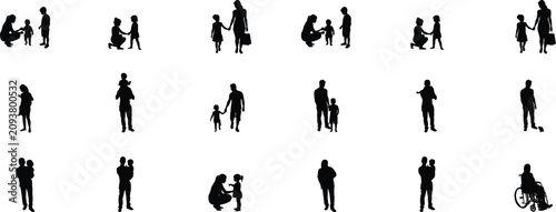 Diverse family silhouettes in various interactions and poses people parent