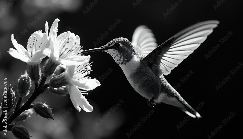 Fototapeta premium Monochrome hummingbird hovers near white blossoms, feeding on nectar. Delicate wings outstretched, capturing flight details against dark background. Tiny bird drinks sweet liquid from small flower.