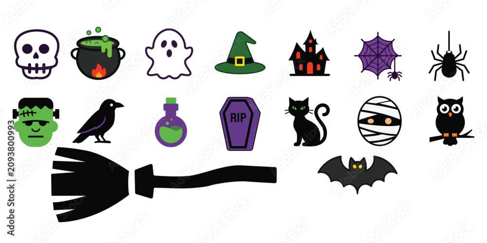 Obraz premium A festive collection of halloween icon graphics with a broomstick for seasonal celebrations and spooky designs