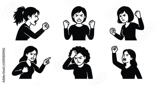 Quadro su tela Angry woman silhouettes vector illustration with various aggressive poses