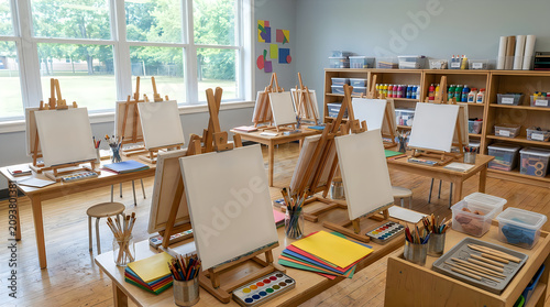 Art studio, painting class, easels, canvas, art supplies, creative workspace, interior Back to school