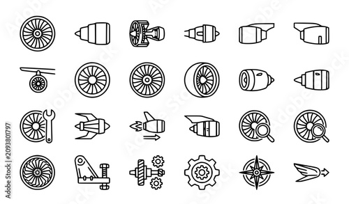 Schilderij op canvas Plane turbine outline icon set with jet engine aircraft propulsion aviation equi