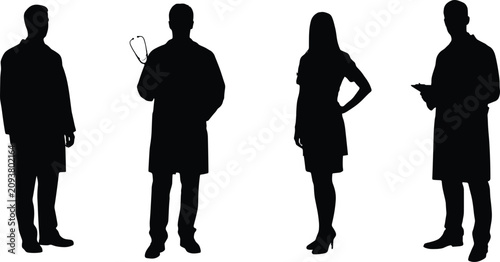 Silhouette of four medical professionals in various poses doctors nurses