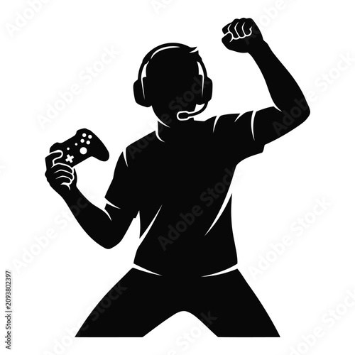 Person playing video game with controller and headset