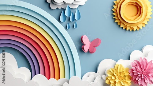 Colorful paper cutouts of a rainbow, sun, clouds, flowers, and butterfly