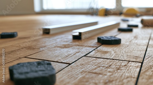 Warm wood floor with scattered dark squares and metallic elements