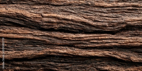 Highly detailed close-up of weathered, aged dark brown wood grain with deep texture
