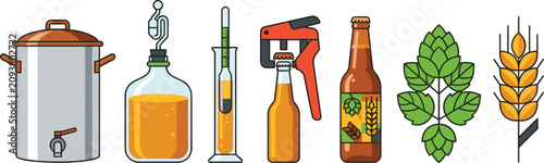 Photos Home Brewing and Craft Beer Production Icon Set with Brewing Kettle, Fermentatio