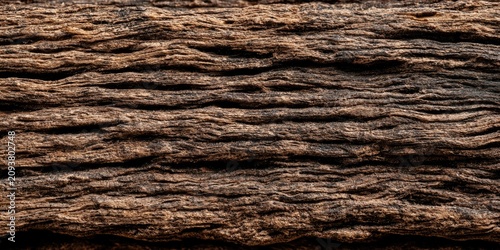Close-up of weathered, rough, dark brown wood grain, creating a rich texture