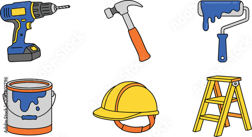 Home Improvement and Construction Tool Icon Set with Cordless Power Drill, Hammer, Paint Roller, Blue Paint Can, Yellow Hard Hat, and Stepladder Ladder Vectors