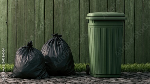 Green trash bin and black trash bags stand against a weathered fence