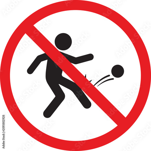 Prohibitory no ball games sign, red circle with diagonal line over person kicking ball, restricted activity warning icon vector