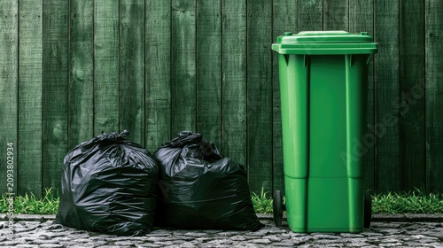 Green refuse bin and two black trash bags on cobblestone near wooden fence
