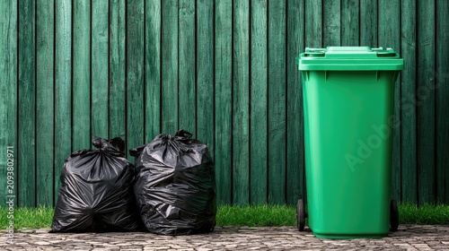 Green recycling bin and two full black trash bags on pavement
