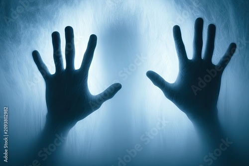 Silhouetted hands press against frosted glass, a hazy figure behind