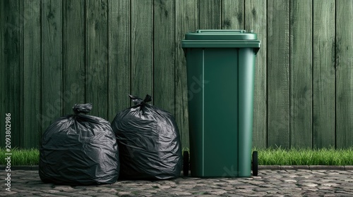 Green refuse bin and two black trash bags stand by a weathered fence
