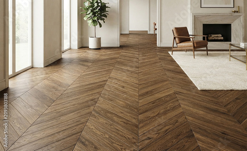 Modern living room with brown chevron wood floor and white walls