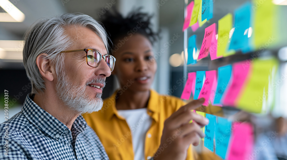 Fototapeta premium Faceless senior executive facilitating cross-functional strategy workshop with diverse team using sticky notes on glass wall to map business transformation roadmap in modern