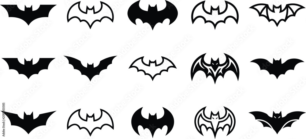 Obraz premium Collection of black bat silhouettes and wing designs for halloween graphics