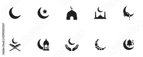 Ramadan kareem vector set includes crescent moon mosque building lantern holy book prayer hands and star symbols for islamic culture holiday graphic design.