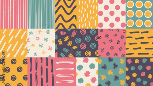 Colorful collection of seamless hand-drawn patterns featuring abstract lines, dots, and organic shapes in a vibrant flat style.