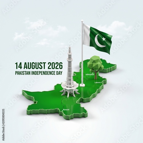 Isometric 3d illustration featuring the map of Pakistan with the national flag and Minar e Pakistan monument celebrating the independence day event on august fourteenth