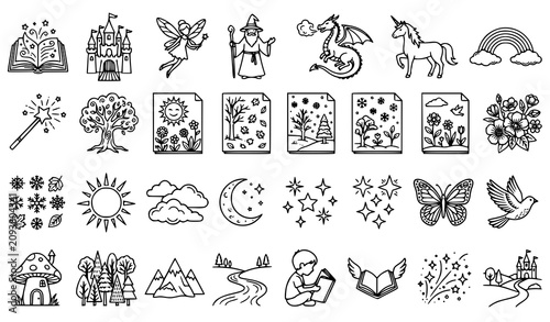 Magic Fantasy Fairy Tale Doodle Icon Collection with Nature and Decorative Elements Vector