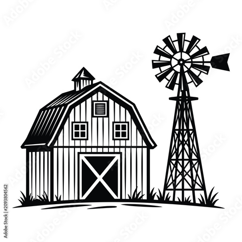 Classic barn with windmill illustration in black and white vector style