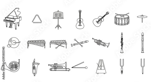 Canvastavla Collection of various musical instruments line art icons.